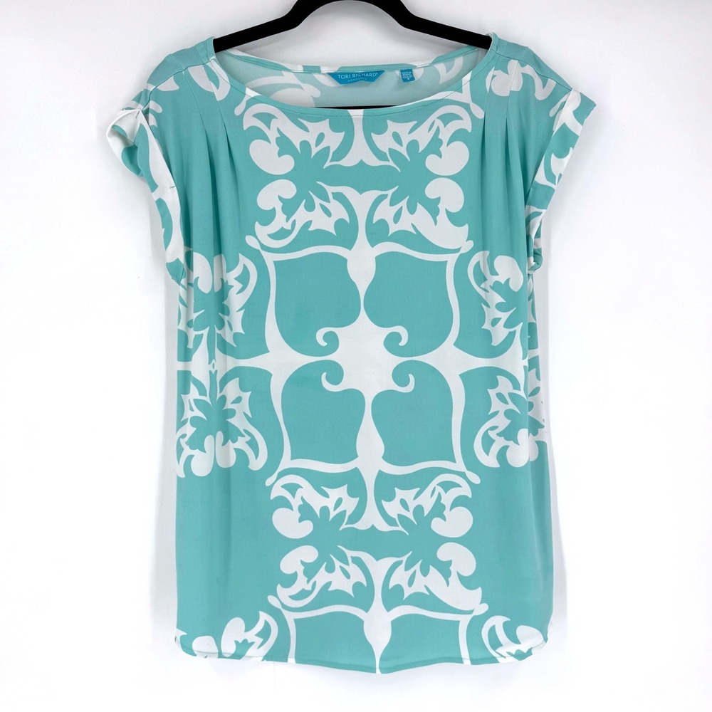 Tori Richard Blouse Women Small Teal White Damask Print Stretch Resort Coastal